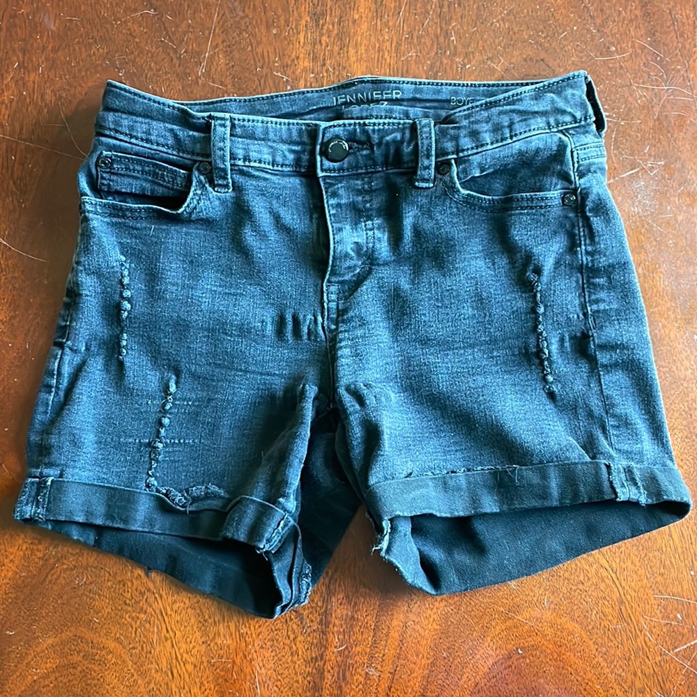Jennifer Lopez black denim boyfriend shorts